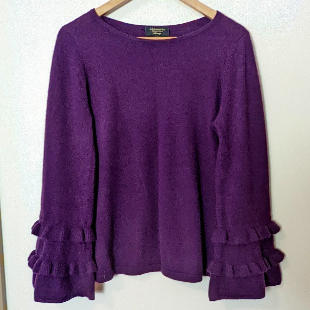 100% Cashmere Charter Club Sweater Double Ruffle‎ Sleeve Luxury Plum Wool